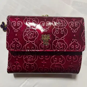 ANNA SUI 장미 무늬 3단 폴더형 지갑 와인 레드