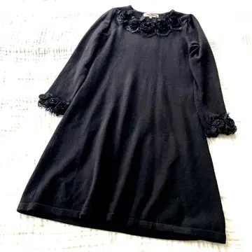 블랙 꽃 모티브 긴팔 원피스 40