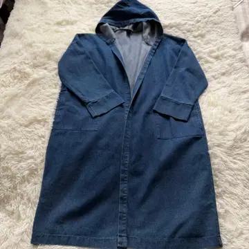 후드 부착 다크 블루 데님 롱 코트