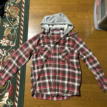 체크 무늬 후드 부착 플란넬 셔츠 L 사이즈