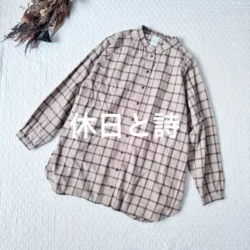 휴일과 시 밴드 카라 셔츠 블라우스 체크 코튼 일본제