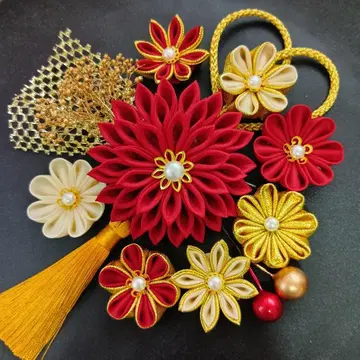 머리 장식 쓰미에 세공 성인식 졸업식 결혼식 시치고산 빨간색 베이지 금