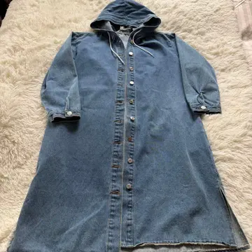 후드 부착 데님 블루 롱 코트 XL