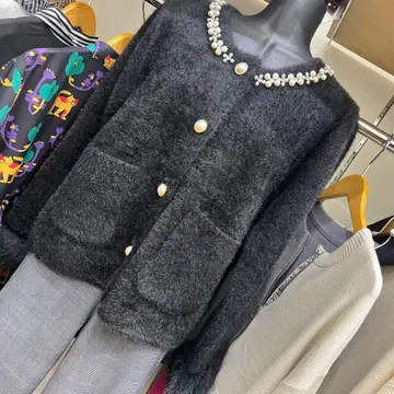 블랙 퍼 노카라 자켓 가디건 펄 퍼