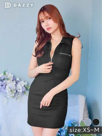 카라 부착 프론트 지퍼 버클 벨트 모티브 타이트 미니 드레스