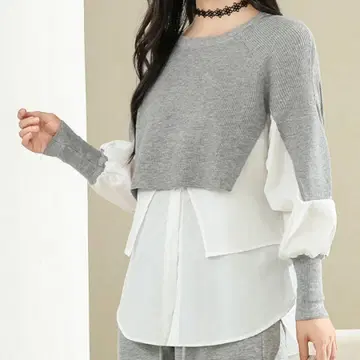 [ 새상품급 ] Myu 페이크 레이어드 벌룬 소매 도킹 니트 풀오버