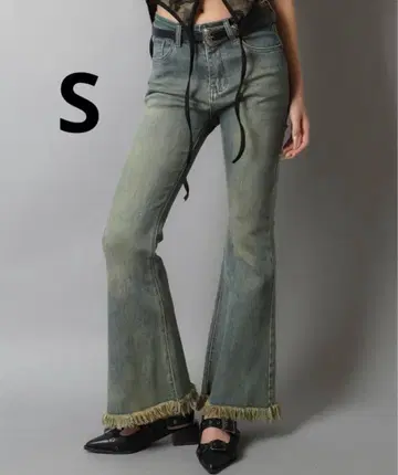 SPINNS 프린지 데님 플레어 팬츠 S 색스 블루