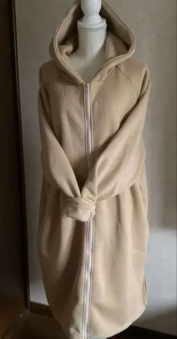 베이지 플리스 롱 후드티