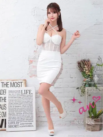 an 크로스 홀터넥 허리 시어 비쥬 타이트 미니 드레스