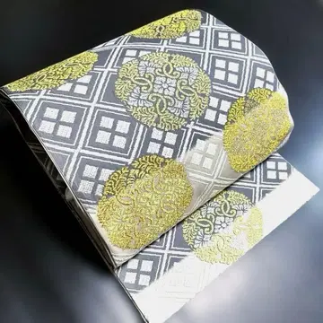 순수 실크 후쿠로 오비 [ 줄무늬 마름모 꽃 무늬 ]