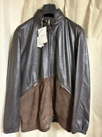 새상품급 SANNINO 콤비 가죽 자켓 50 브라운