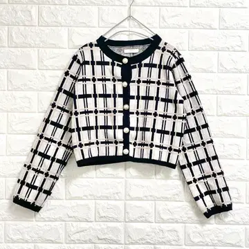 MIIA 카리나 체크 니트 가디건 노카라 자켓 짧은 기장