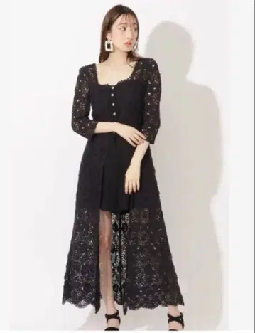 REDYAZEL 블랙 레이스 롱 드레스 레이시 크로셰 레이어드