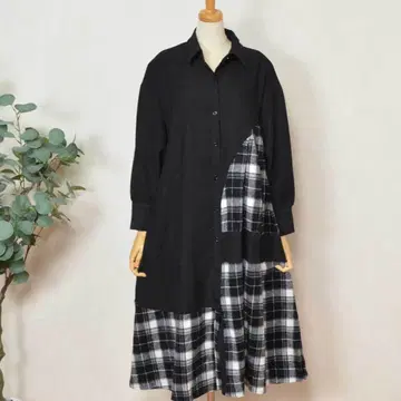 M(여유로운 핏) 체크 턱 배색 셔츠 원피스 여성용/블랙 계열