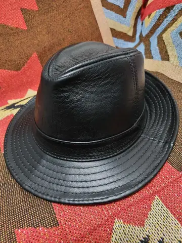 블랙 레더 페도라 햇
