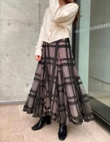 SNIDEL 튤 자수 체크 스커트 모카 스나이델