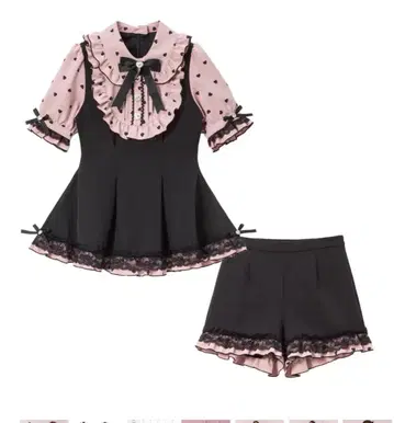 유메텐보 하트 도트 요크 프릴 셋업