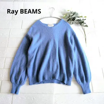 Ray BEAMS 울 혼방 너구리 V넥 니트 (블루)