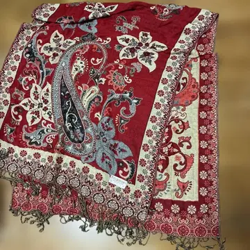 파시미나 100% 스톨 빨간색 페이즐리 꽃무늬