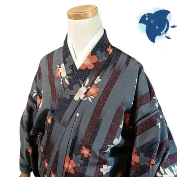 C8 치도리야 기모노 코몬 워셔블 기모노 화학 섬유 꽃 그레이