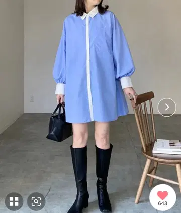 긴팔 볼륨 슬리브 카라 부착 무릎 기장 플레어 튜닉 미니 셔츠 원피스