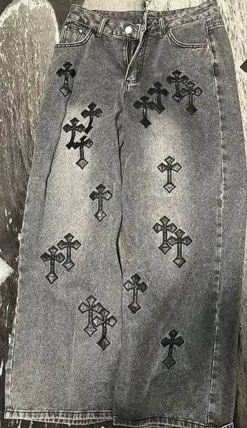 크로스 자수 와이드 레그 데님 팬츠 그레이