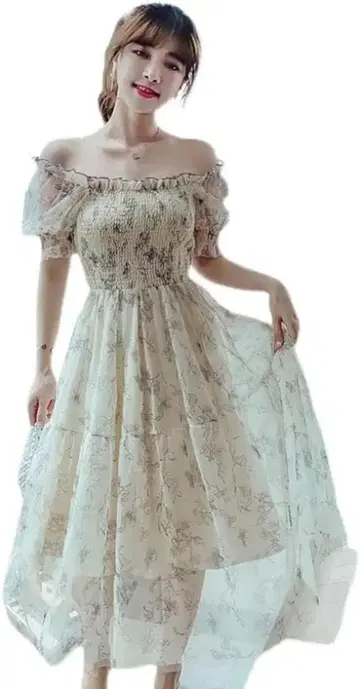 [세이라] 꽃무늬 원피스 벌룬 소매 여름 원피스 여성용 플레어 원