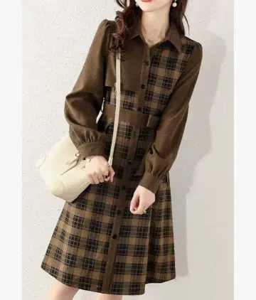 Chubikime 셔츠 원피스 긴팔 체크 절개 미디엄 기장