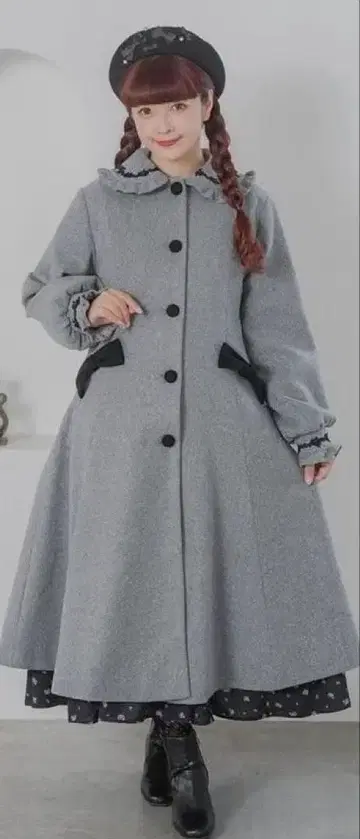 아오키 미사코 그레이 레이스 롱 코트