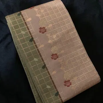 니시진 격자 꽃 문양 리버서블 골드 컬러 반폭 오비