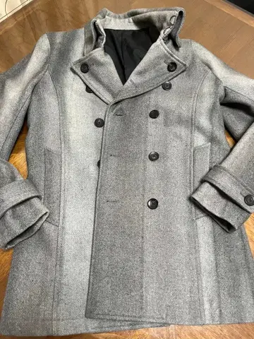 울 혼방 더블 브레스트 피 코트 그레이