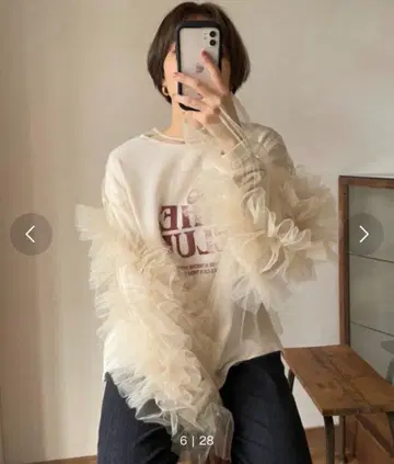 MIMIMEMETE 데코 프릴 슬리브 튤 블라우스