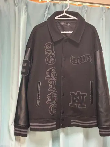 바시티 자켓 블랙 울 가죽