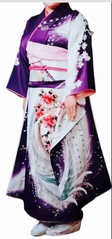 후리소데 럭셔리 화려 벚꽃 모란 공작 보라색 화이트 성인식 졸업식 결혼식