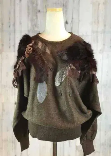 니트 스웨터 인조 모피 다크 브라운 여성용 구제 의류 L 사이즈