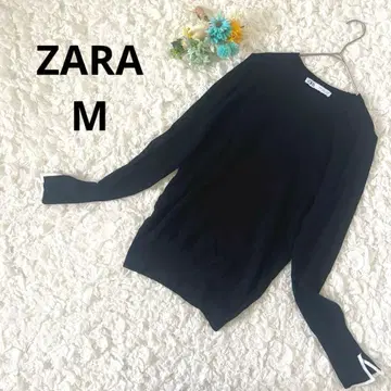 자라 크루넥 니트 소매 배색 디자인 레이온 혼방 스웨터 긴팔 블랙 M