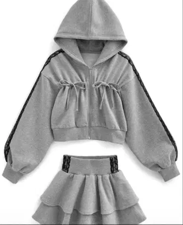 리본 후드티 x 미니 스커트 맨투맨 셋업 그레이