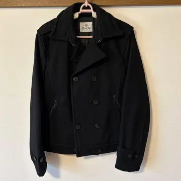 울 더블 브레스트 피 코트 블랙