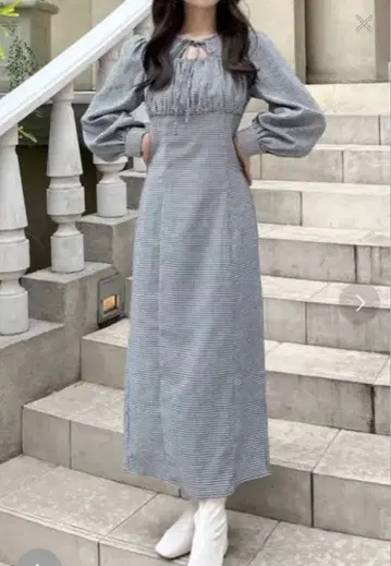 JUNOAH 프론트 오픈 체크 무늬 타이트 원피스