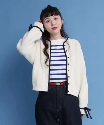 바이컬러 소매 리본 가디건 여성용 클리닝 완료