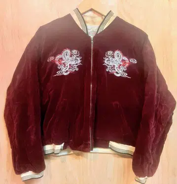 90s 페퍼민트 스카잔 버건디 드래곤 자수 벨벳