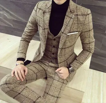 3피스 수트 재고 사이즈 M~5XL 셋업 남성용 체크 무늬 1버튼
