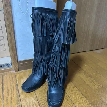 ANN SUI 프린지 장식 블랙 가죽 롱 부츠