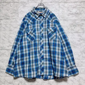 레어 사이즈 랭글러 옴브레 셔츠 와이드 소매 블루 체크 3XL