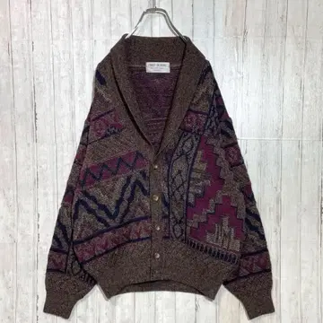 올 패턴 기하학 패턴 가디건 슬릿사 숄카라 브라운 레드