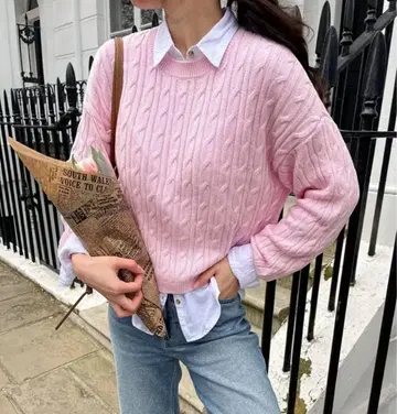 새상품 당일 발송 핑크 케이블 니트 긴팔 스웨터 S 사이즈