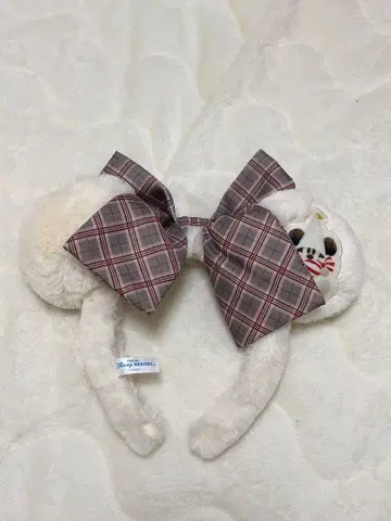 디즈니 머리띠 화이트 퍼 크리스마스 깅엄 체크 릴 린린