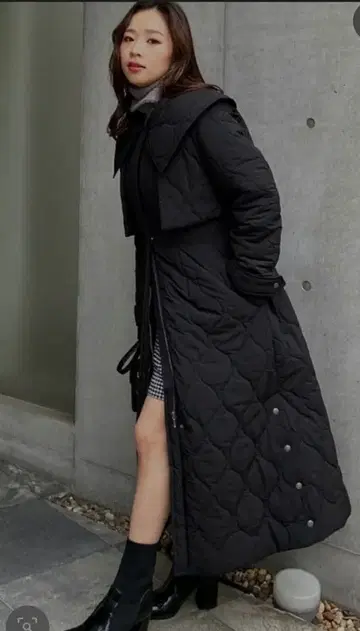 리엔다 3WAY 퀼트 롱 코트 블랙 큰 옷깃