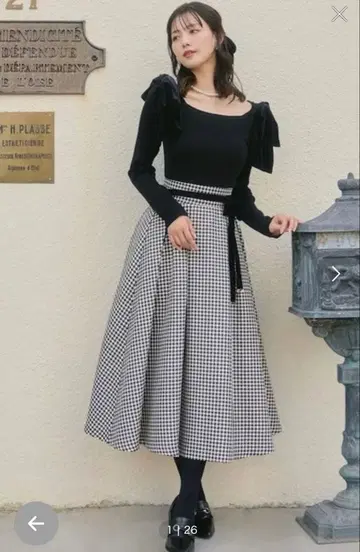 플레어 스커트 블랙 화이트 체크 리본 포함