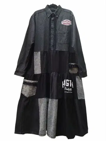 구제 의류 리메이크 루즈핏 블랙 데님 셔츠 패치워크 티어드 원피스